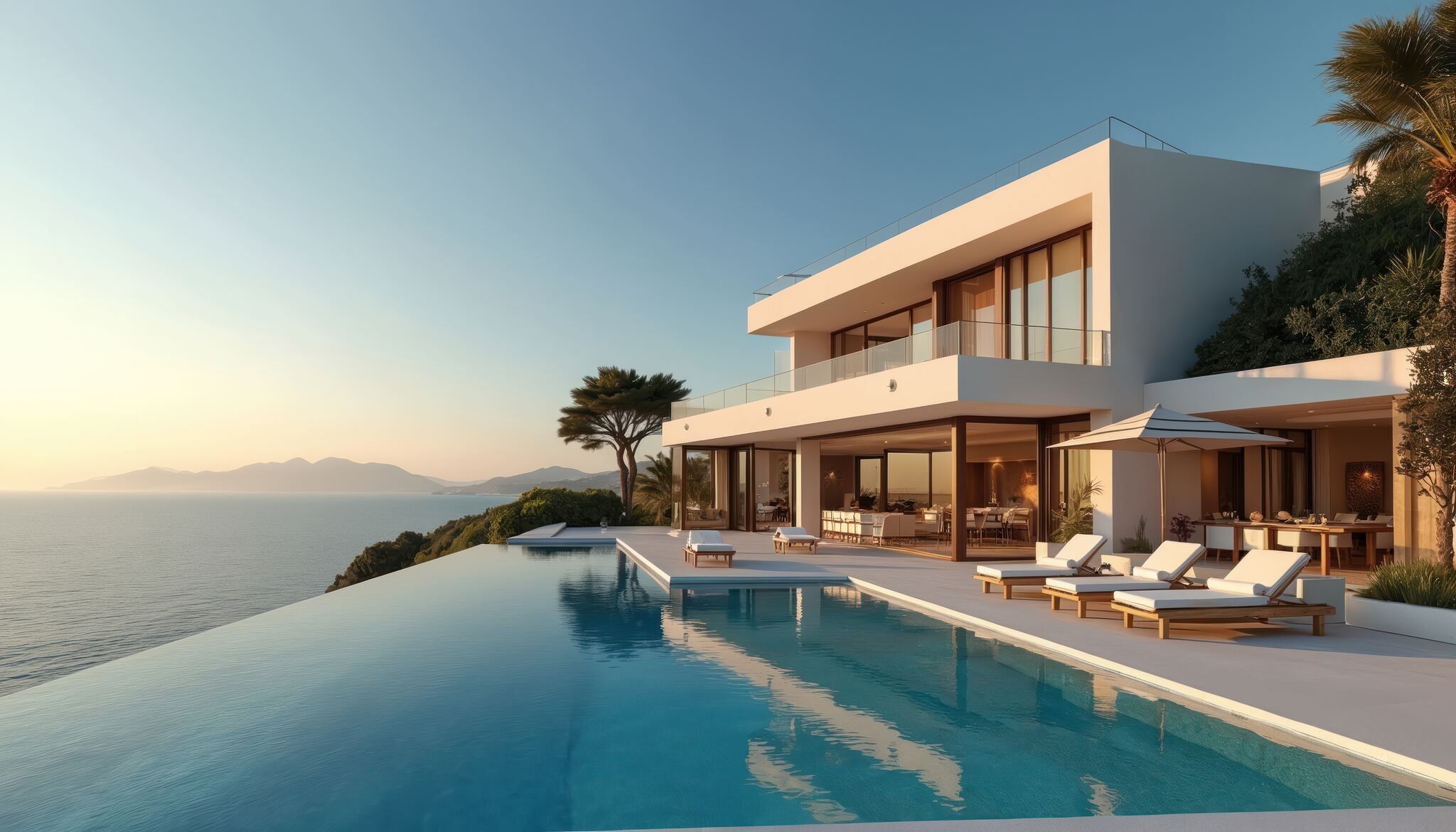 Contemporary coastal villa and infinity pool overlooking the sea