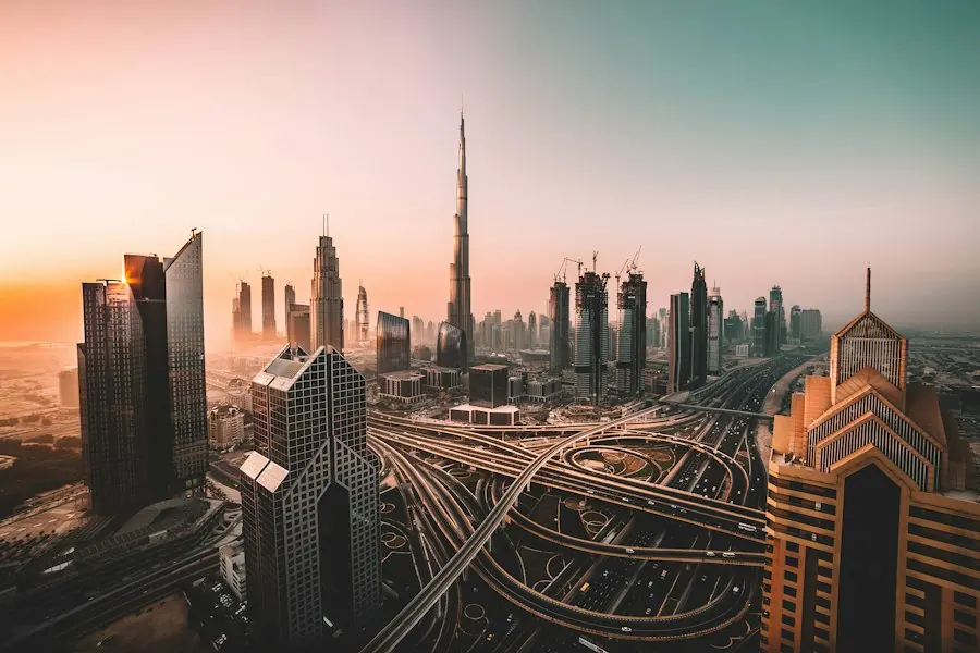 The Dubai skyline at golden hour